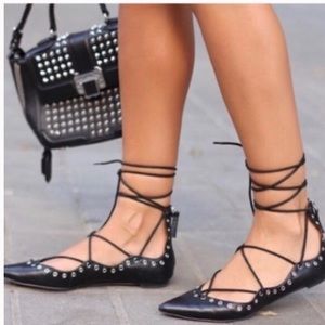 Zara Black Grommet Lace Up Flat